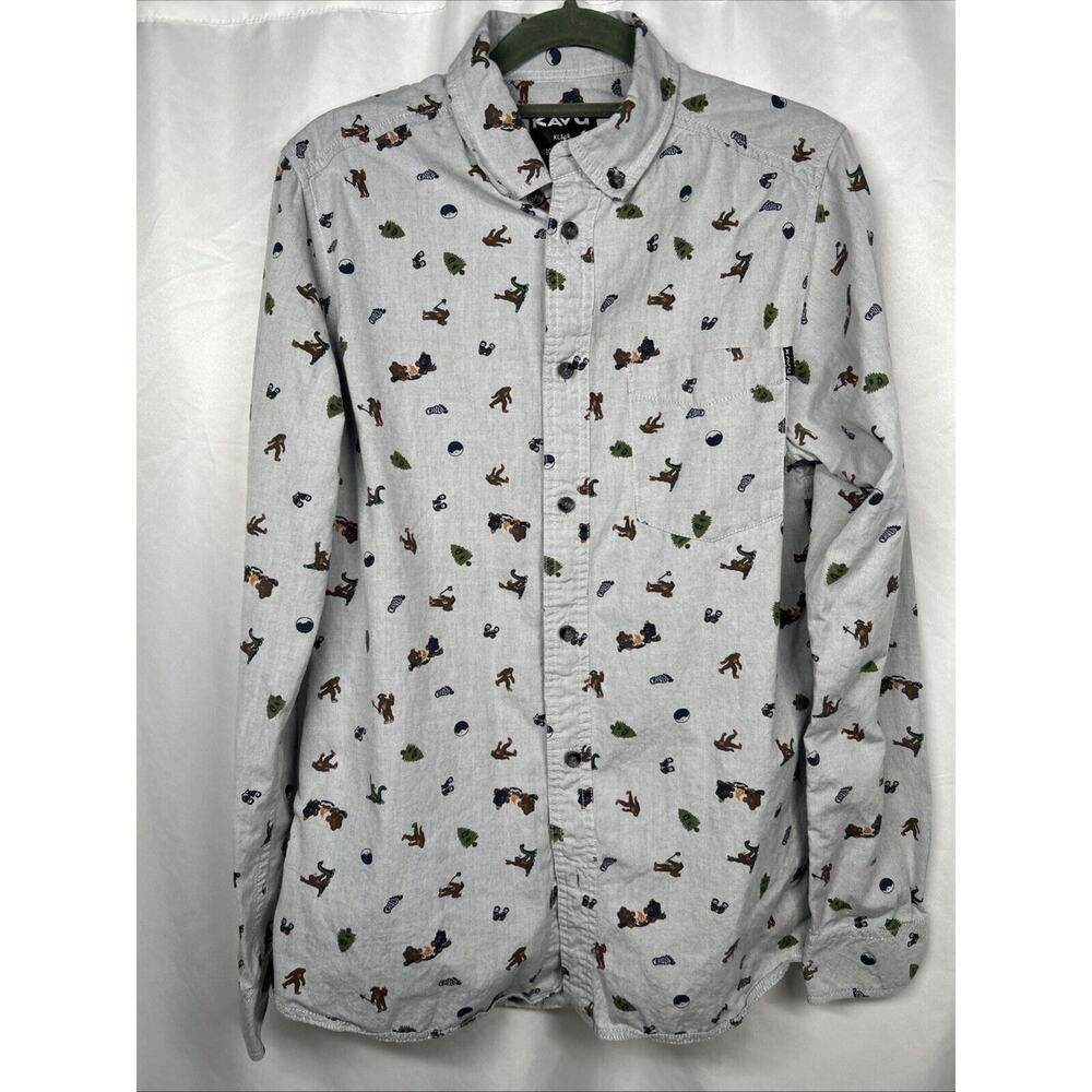 Kavu Shirt Mens XS Light Blue All Over Print Button Up Sasquatch Big Foot
